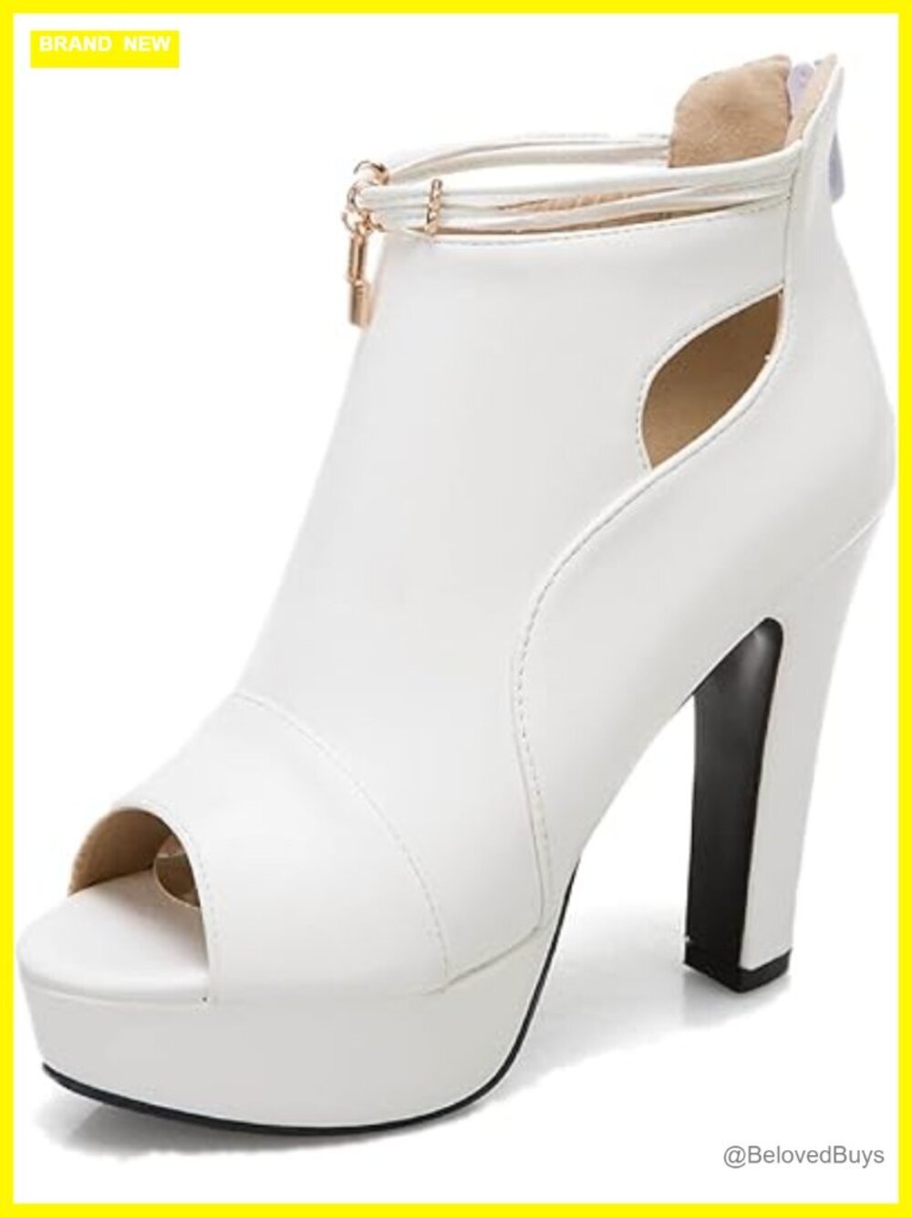 Women's Peep Toe Platform Ankle Boots, Block High Heel, Cutout Design with Gold